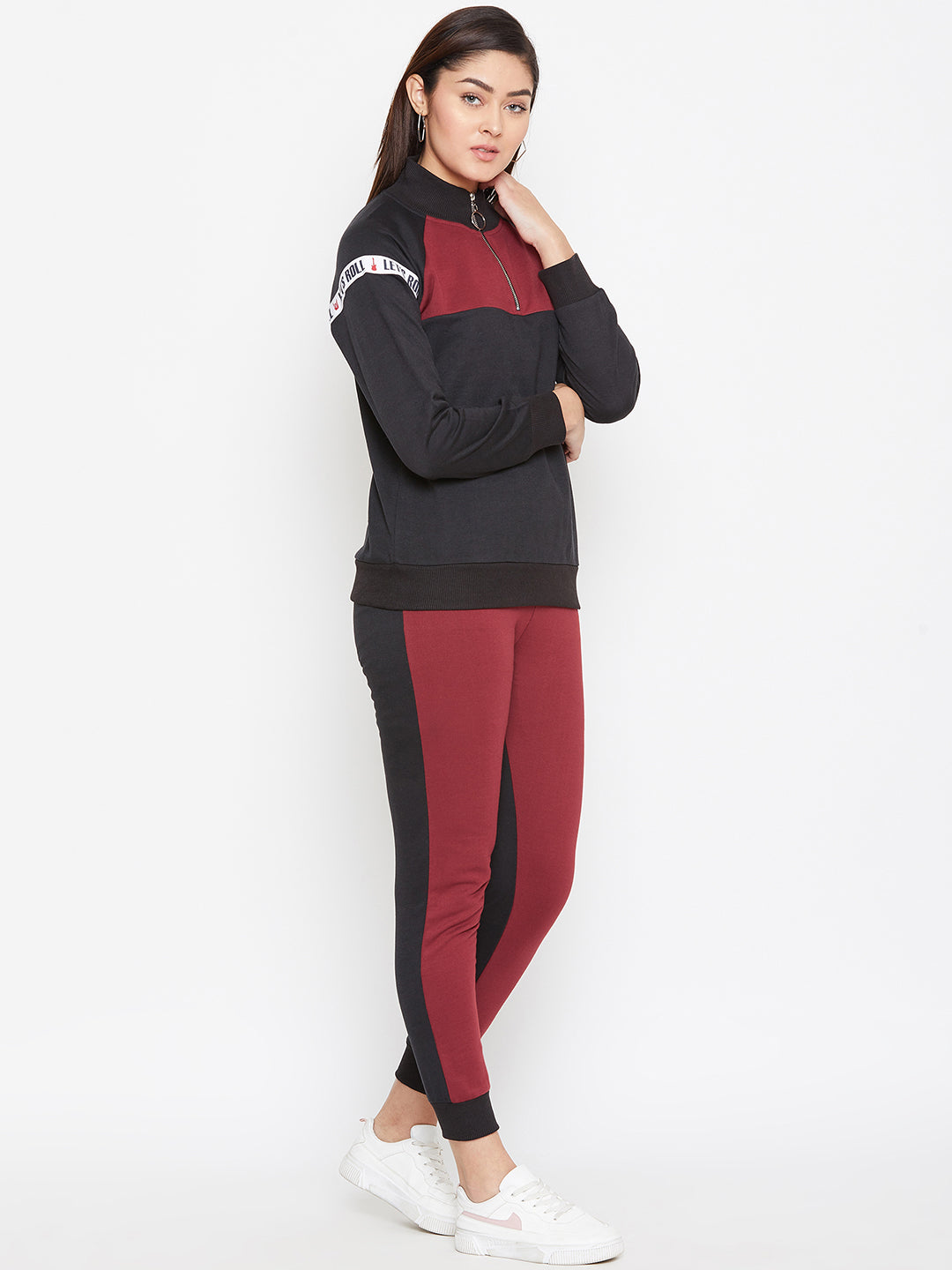 Austin Wood Women'sBlack Full Sleeves Colorblocked High Neck Tracksuit