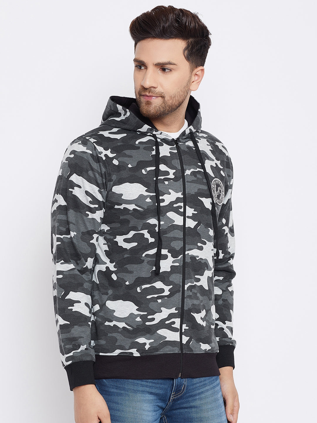 Austin Wood Men's Grey Full Sleeves Camo Print Hoodie Sweatshirt