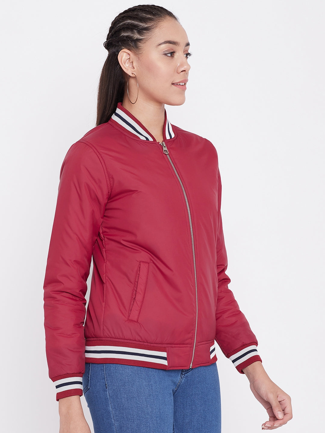 Austin Wood Women's Red Solid Bomber Neck Zipper Jacket