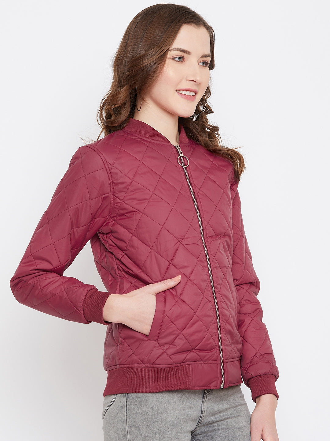 Austin Wood Women's Maroon Solid Full Sleeves Bomber Neck Padded Jacket With Size Tape