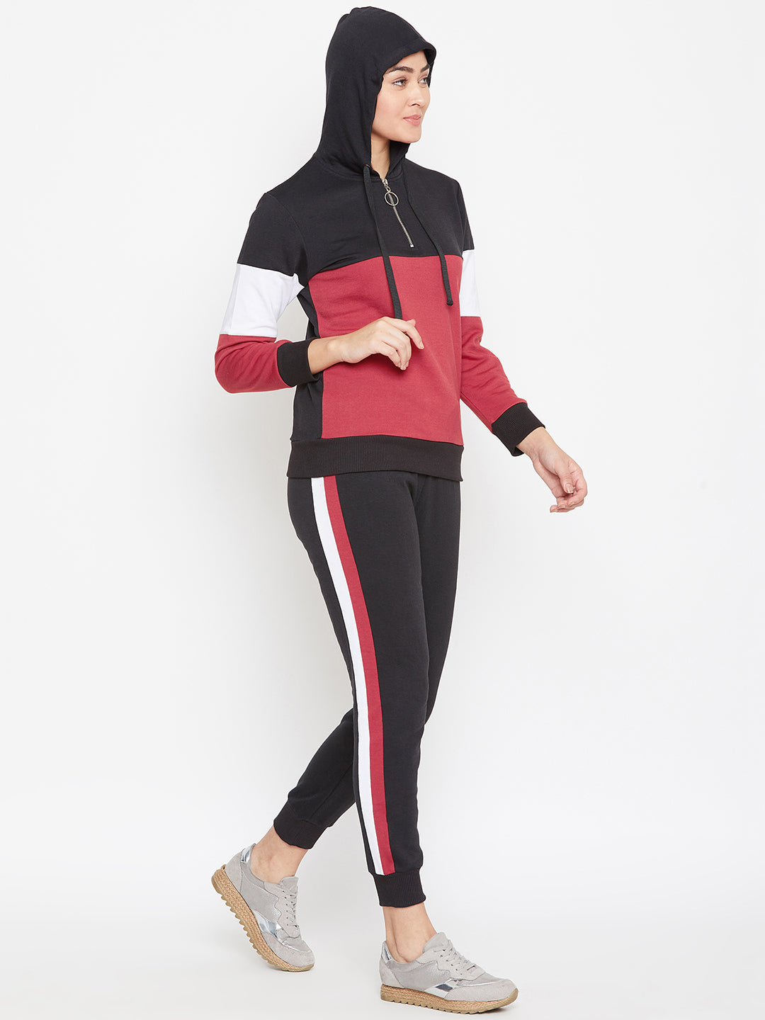 Austin Wood Women'sRed Full Sleeves Colorblocked Hooded Tracksuit