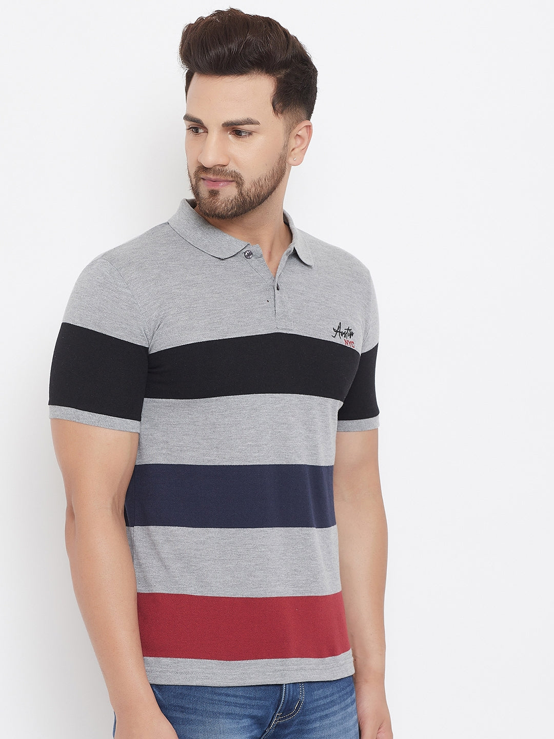 Austin Wood Men's Half Sleeves Polo Neck Colorblocked T-shirt