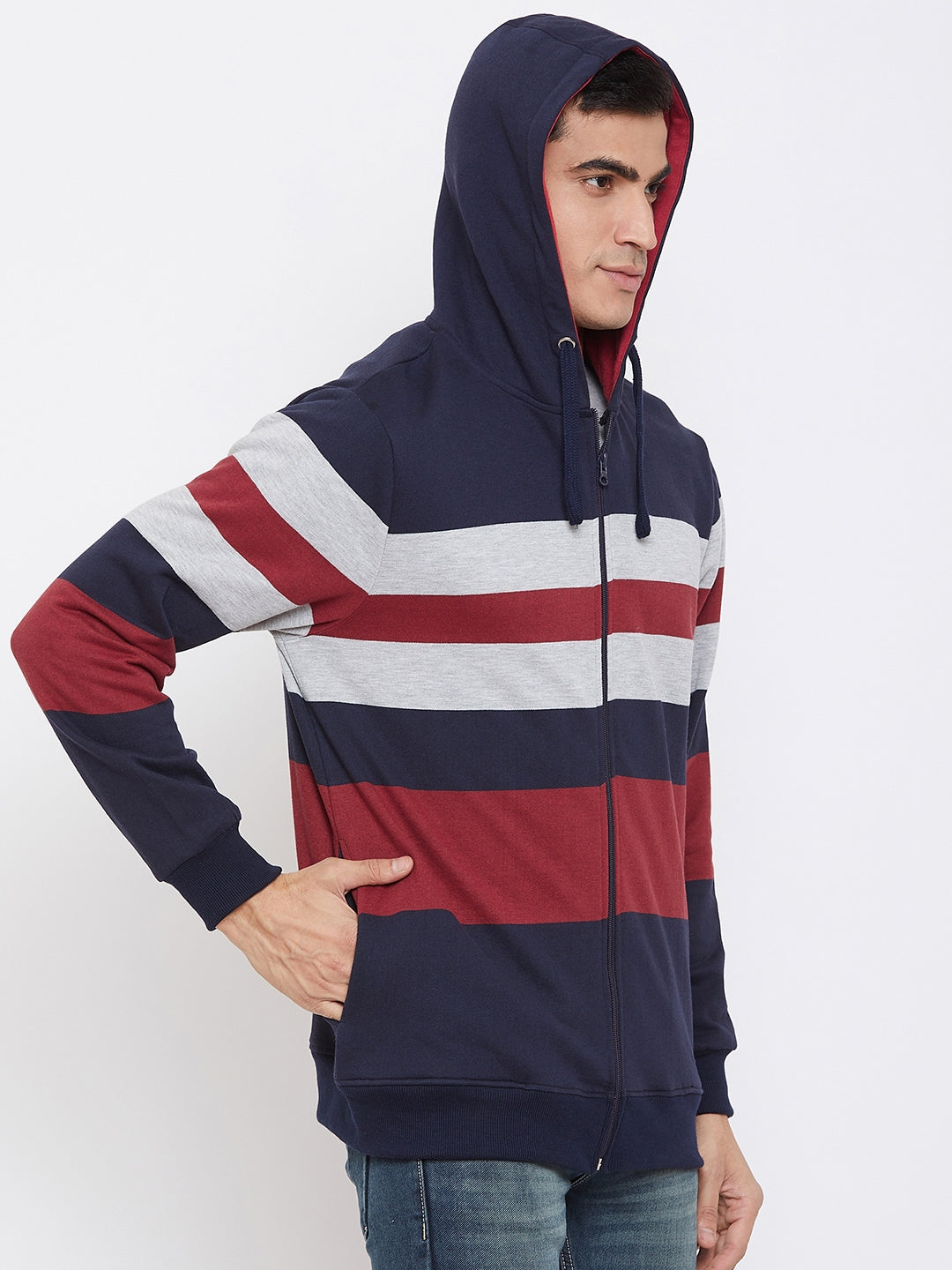 Austin Wood Men's Multi Full Sleeves Striper Hooded Sweatshirt