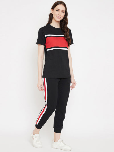 Austin Wood Women's Black Colorblocked Half Sleeves Round Neck Tracksuit