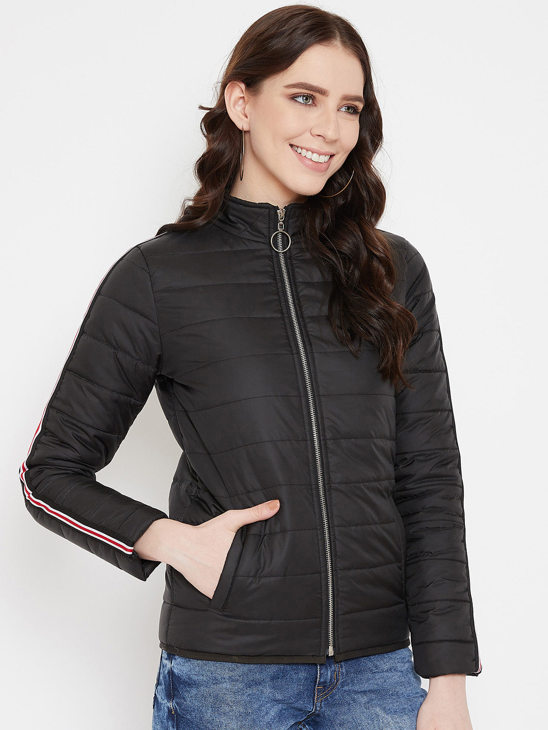 Austin Wood Women's Black Solid Full Sleeves High Neck Padded Jacket With Size Tape