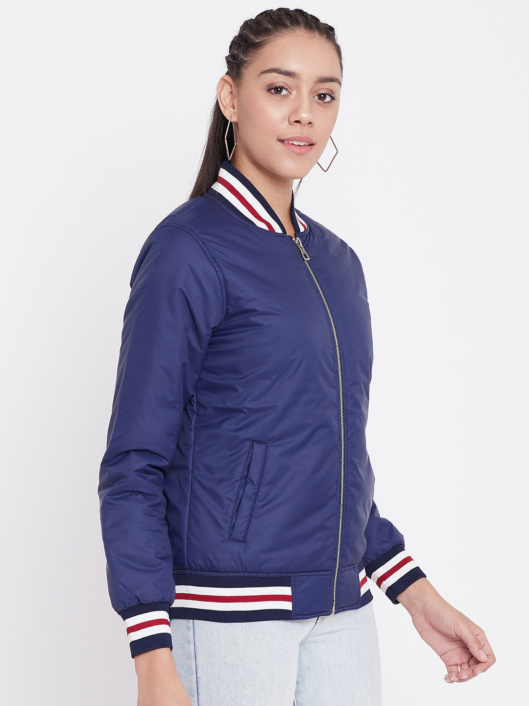 Austin Wood Women's Navy Blue Solid Bomber Neck Zipper Jacket