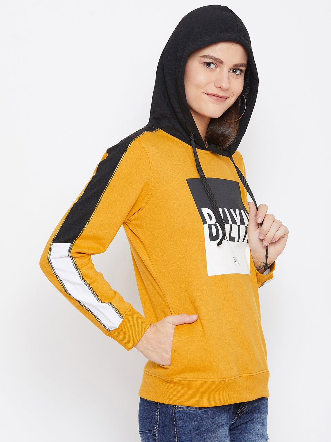 Women's Yellow Solid Long Sleeves Hooded Sweatshirt