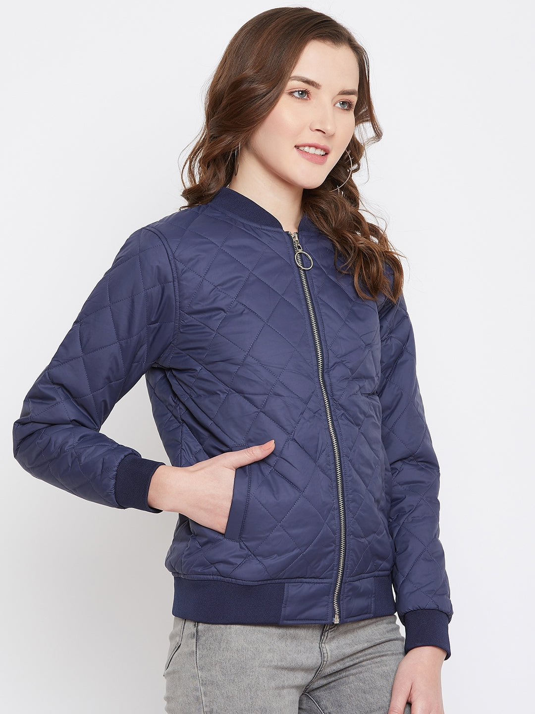 Austin Wood Women's Navy Blue Solid Full Sleeves Bomber Neck Padded Jacket With Size Tape