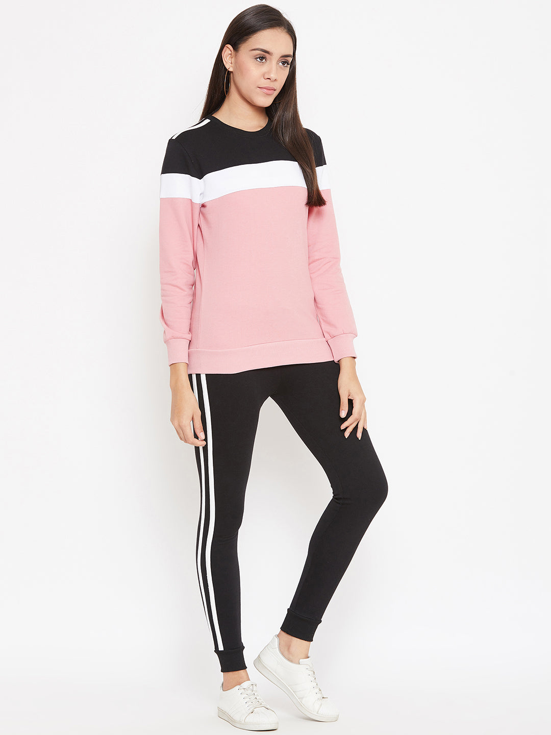 Austin Wood Women'sPink Full Sleeves Colorblocked Round Neck Tracksuit