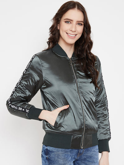 Austin Wood Women's Olive Solid Full Sleeves Bomber Neck Jacket With Size Tape