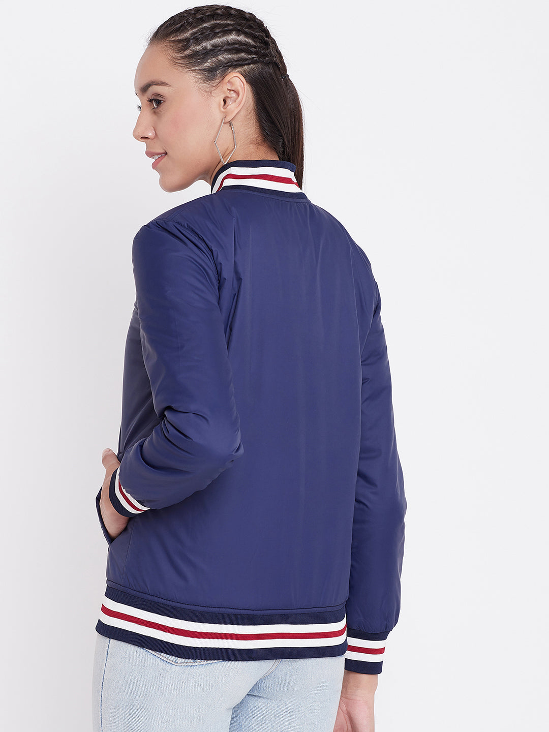 Austin Wood Women's Navy Blue Solid Bomber Neck Zipper Jacket