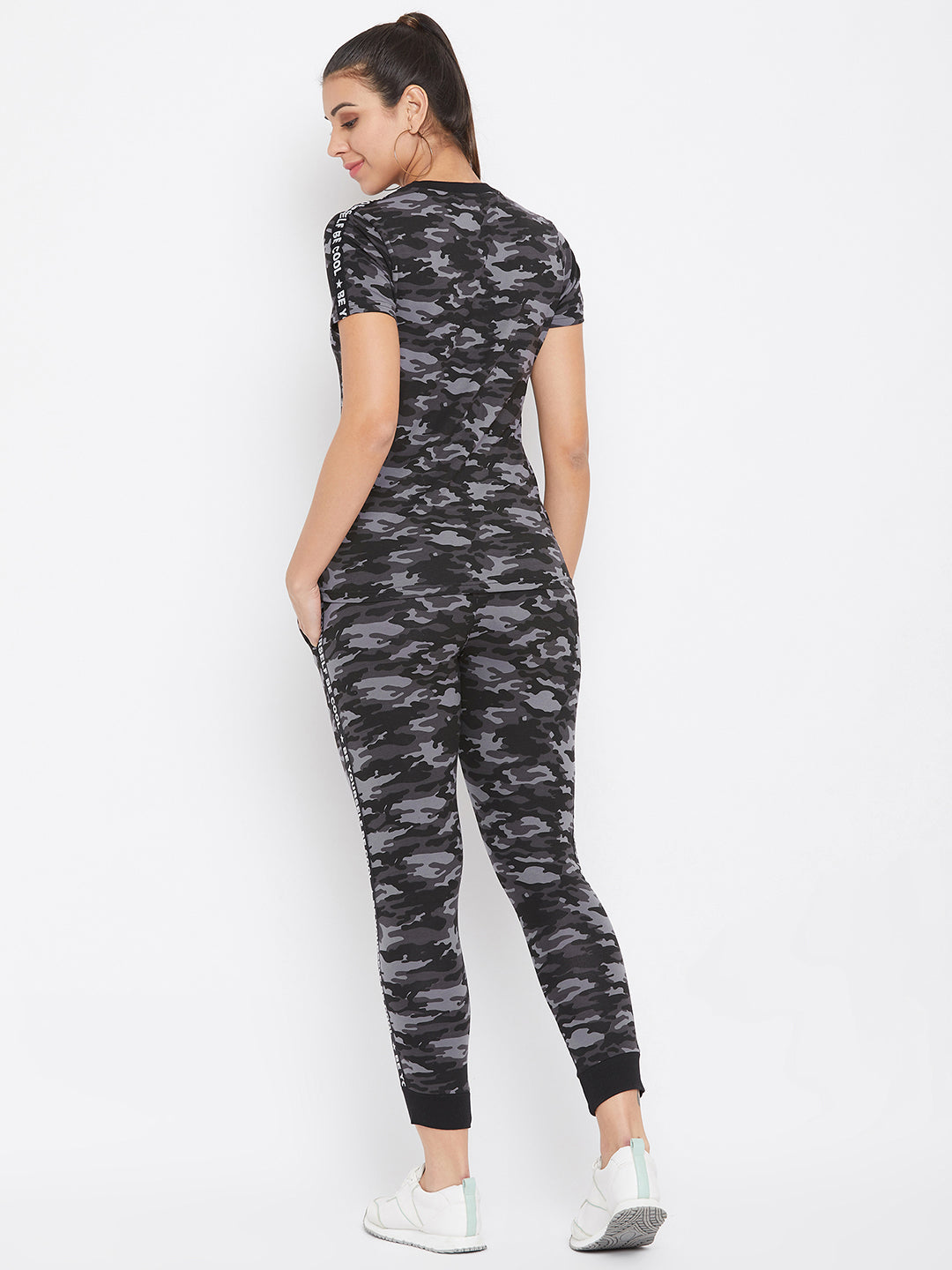 Austin Wood Women's Black Camo Half Sleeves Round Neck Tracksuit