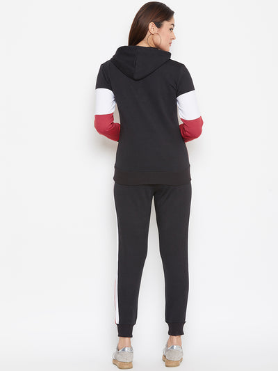 Austin Wood Women'sRed Full Sleeves Colorblocked Hooded Tracksuit