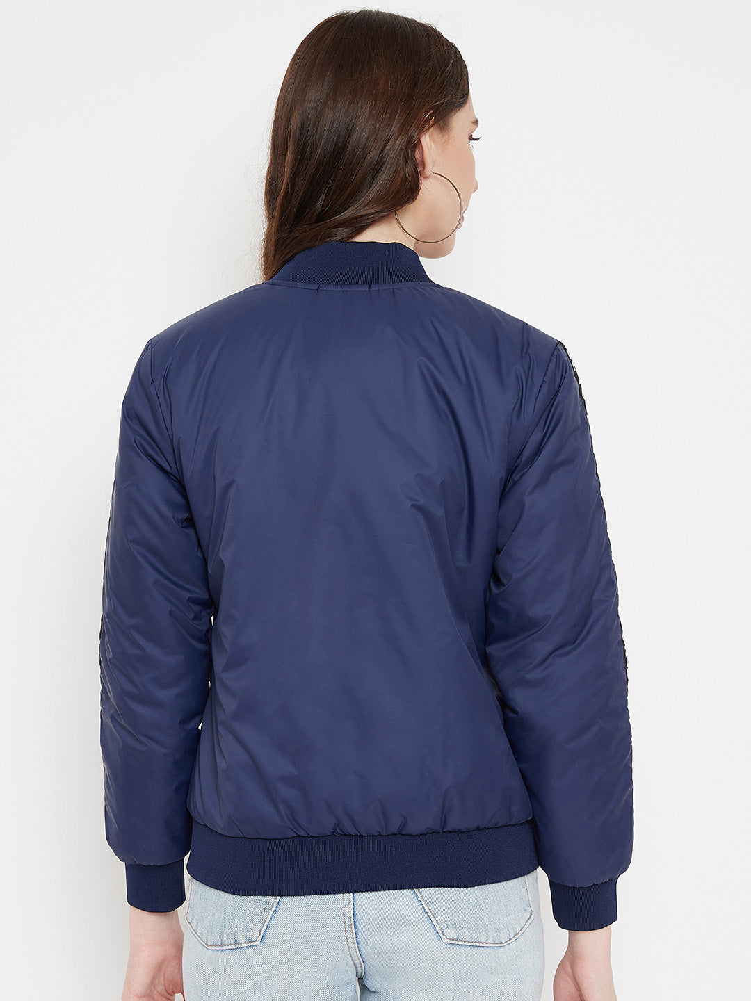 Austin Wood Women's Navy Blue Solid Full Sleeves Bomber Neck Jacket With Size Tape