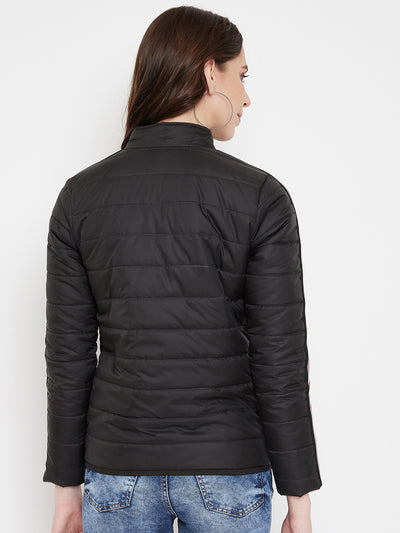 Austin Wood Women's Black Solid Full Sleeves High Neck Padded Jacket With Size Tape