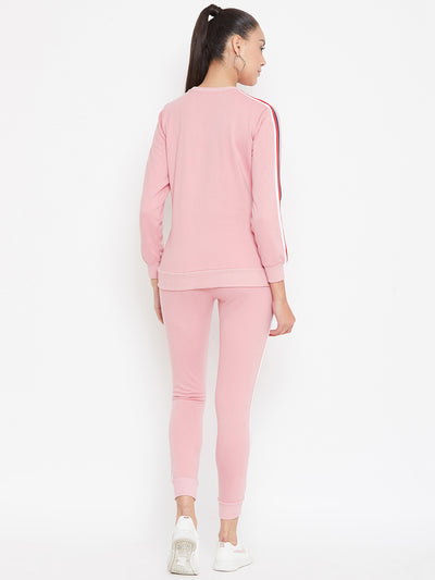 Austin Wood Women'sPink Full Sleeves Solid Round Neck Tracksuit