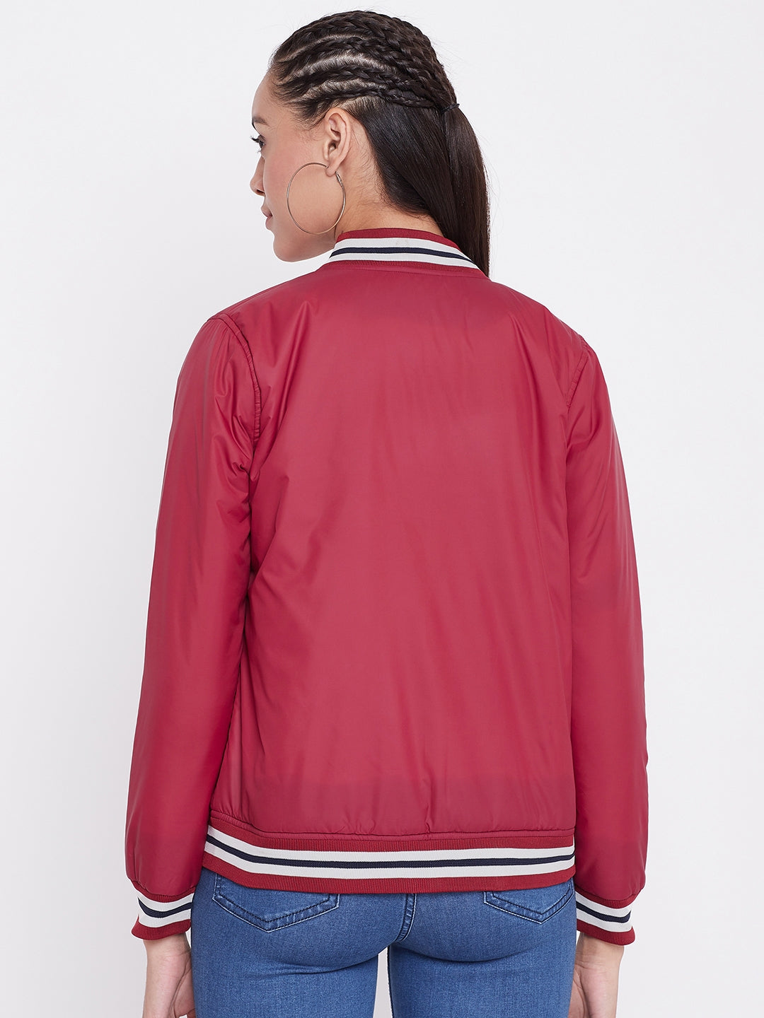 Austin Wood Women's Red Solid Bomber Neck Zipper Jacket