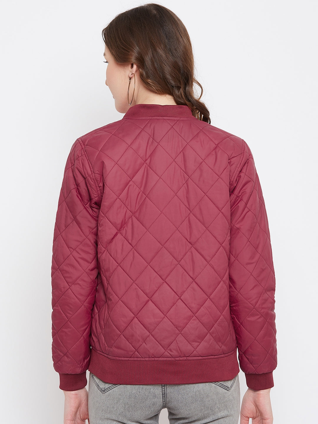 Austin Wood Women's Maroon Solid Full Sleeves Bomber Neck Padded Jacket With Size Tape