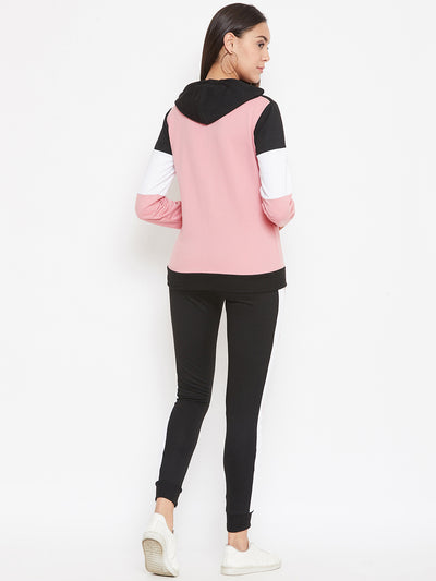 Austin Wood Women'sPink Full Sleeves Colorblocked Hooded Tracksuit
