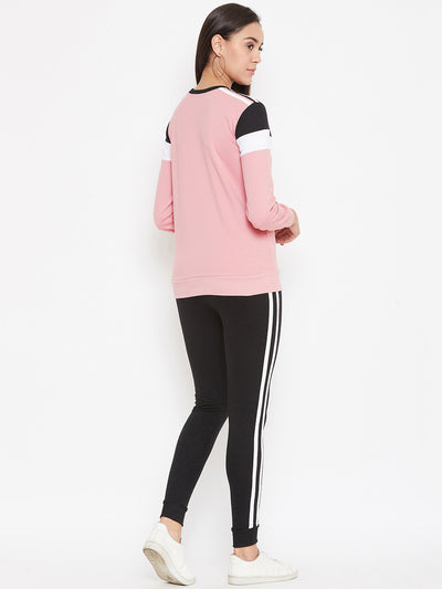 Austin Wood Women'sPink Full Sleeves Colorblocked Round Neck Tracksuit