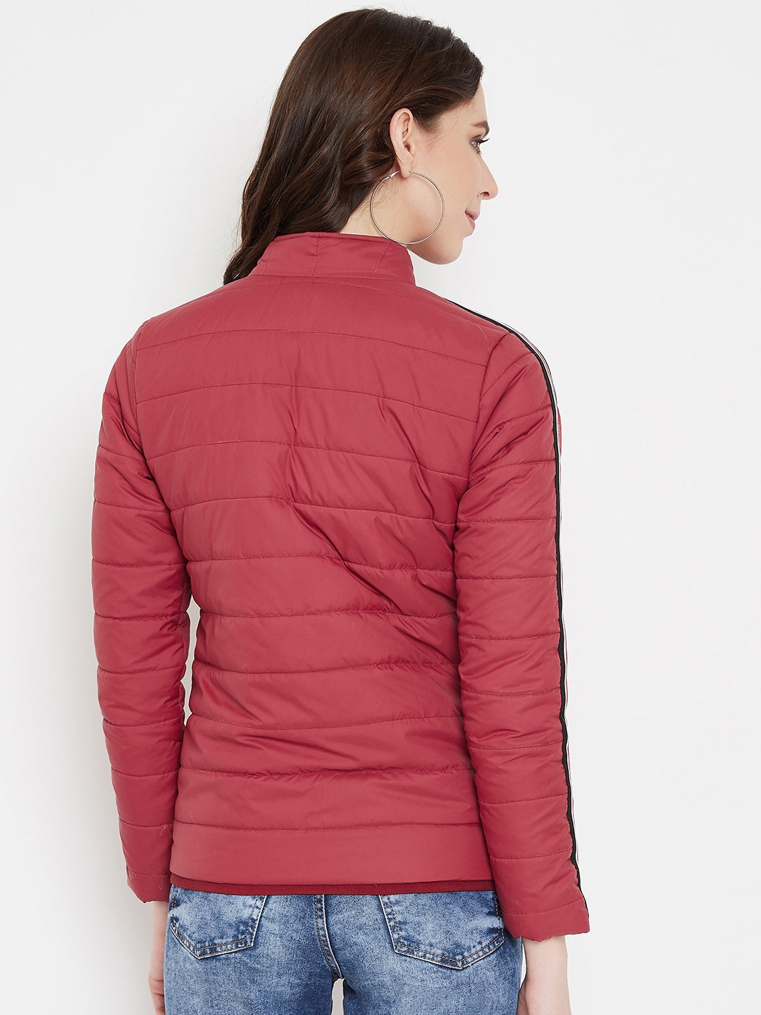 Austin Wood Women's Red Solid Full Sleeves High Neck Padded Jacket With Size Tape