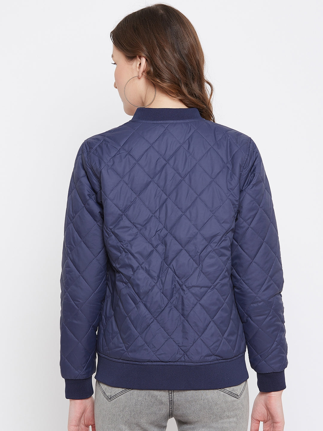 Austin Wood Women's Navy Blue Solid Full Sleeves Bomber Neck Padded Jacket With Size Tape