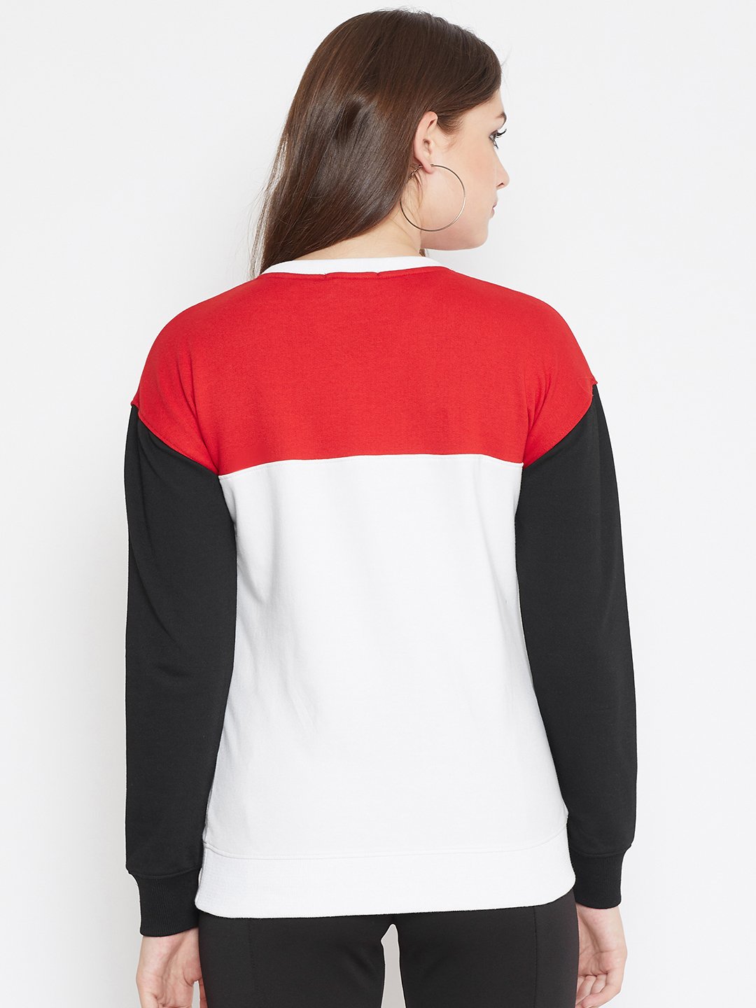 Women's White Colorblocked Long Sleeves Round Neck Sweatshirt