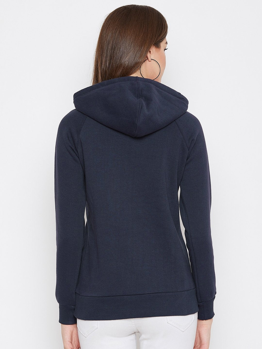 Women's Navy Blue Printed Long Sleeves Hooded Sweatshirt