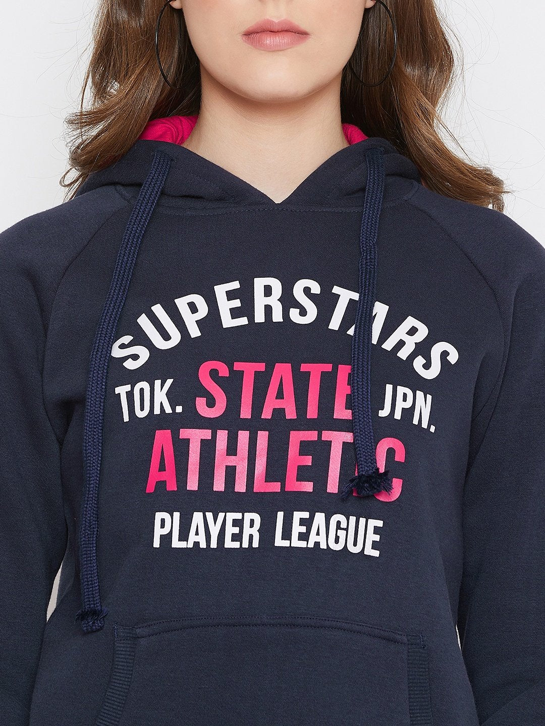 Women's Navy Blue Printed Long Sleeves Hooded Sweatshirt