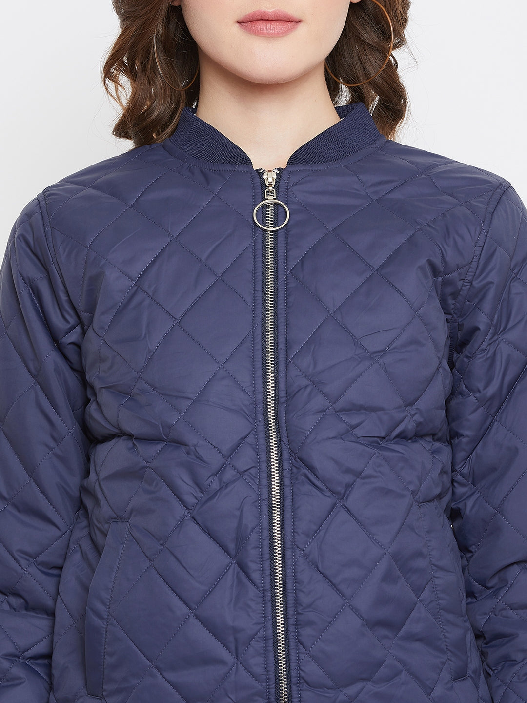 Austin Wood Women's Navy Blue Solid Full Sleeves Bomber Neck Padded Jacket With Size Tape