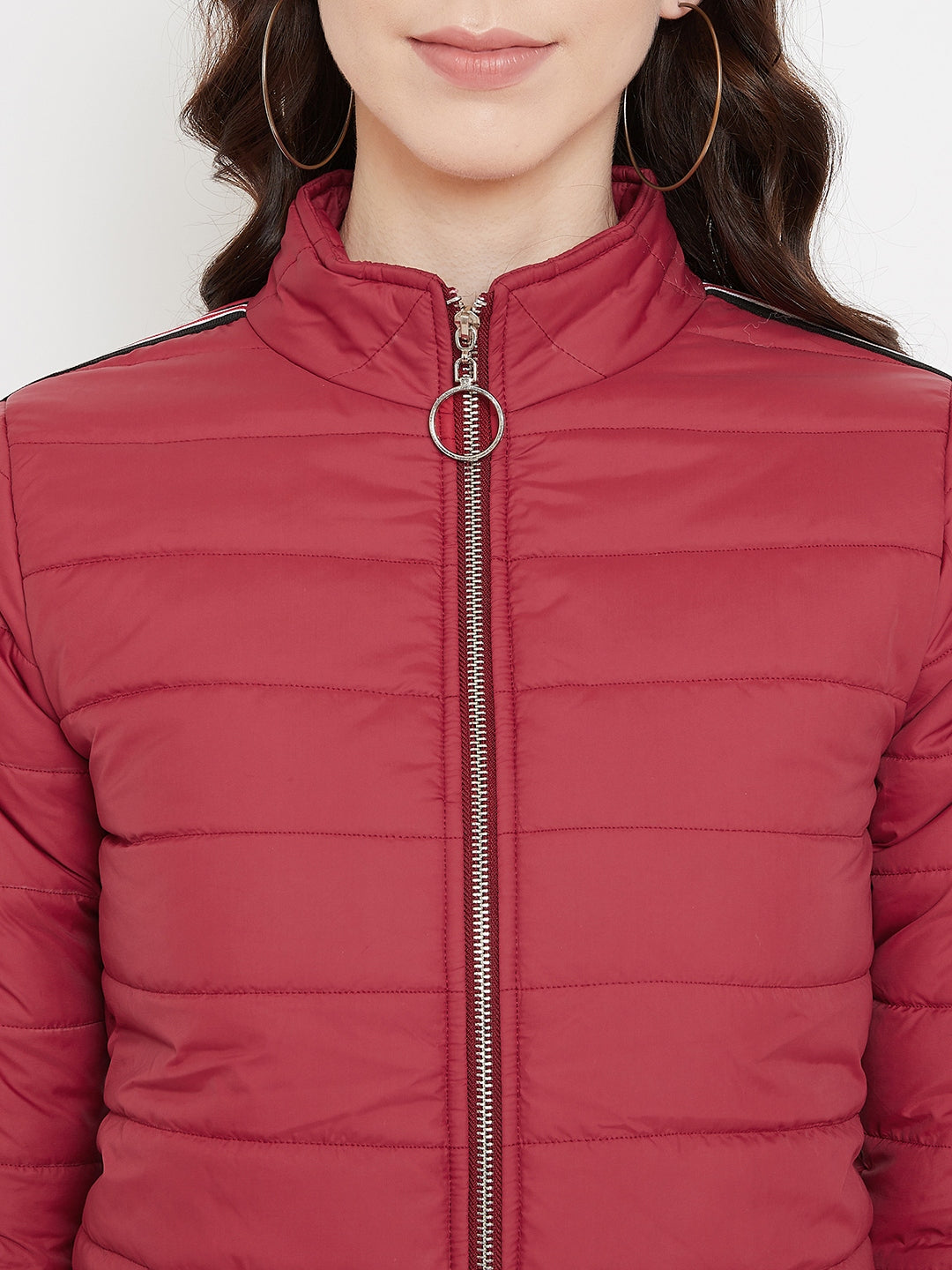 Austin Wood Women's Red Solid Full Sleeves High Neck Padded Jacket With Size Tape