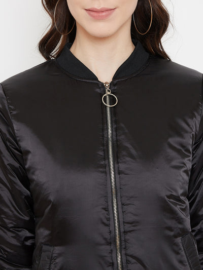 Austin Wood Women's Black Solid Full Sleeves Bomber Neck Jacket With Size Tape