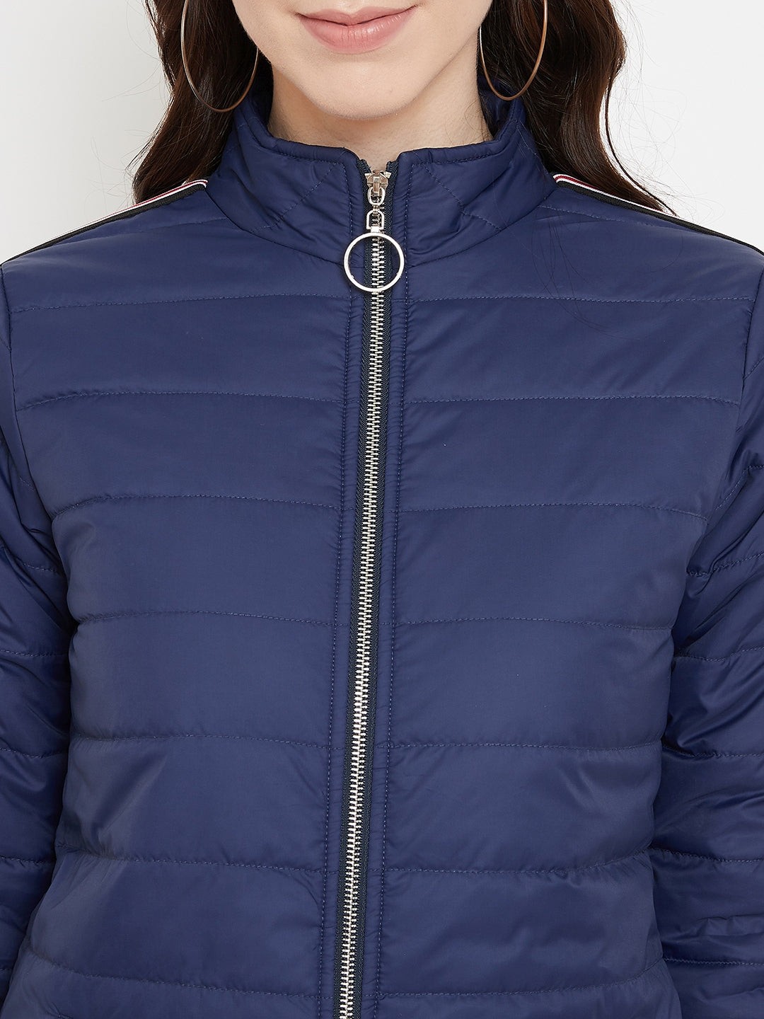 Austin Wood Women's Navy Blue Solid Full Sleeves High Neck Padded Jacket With Size Tape