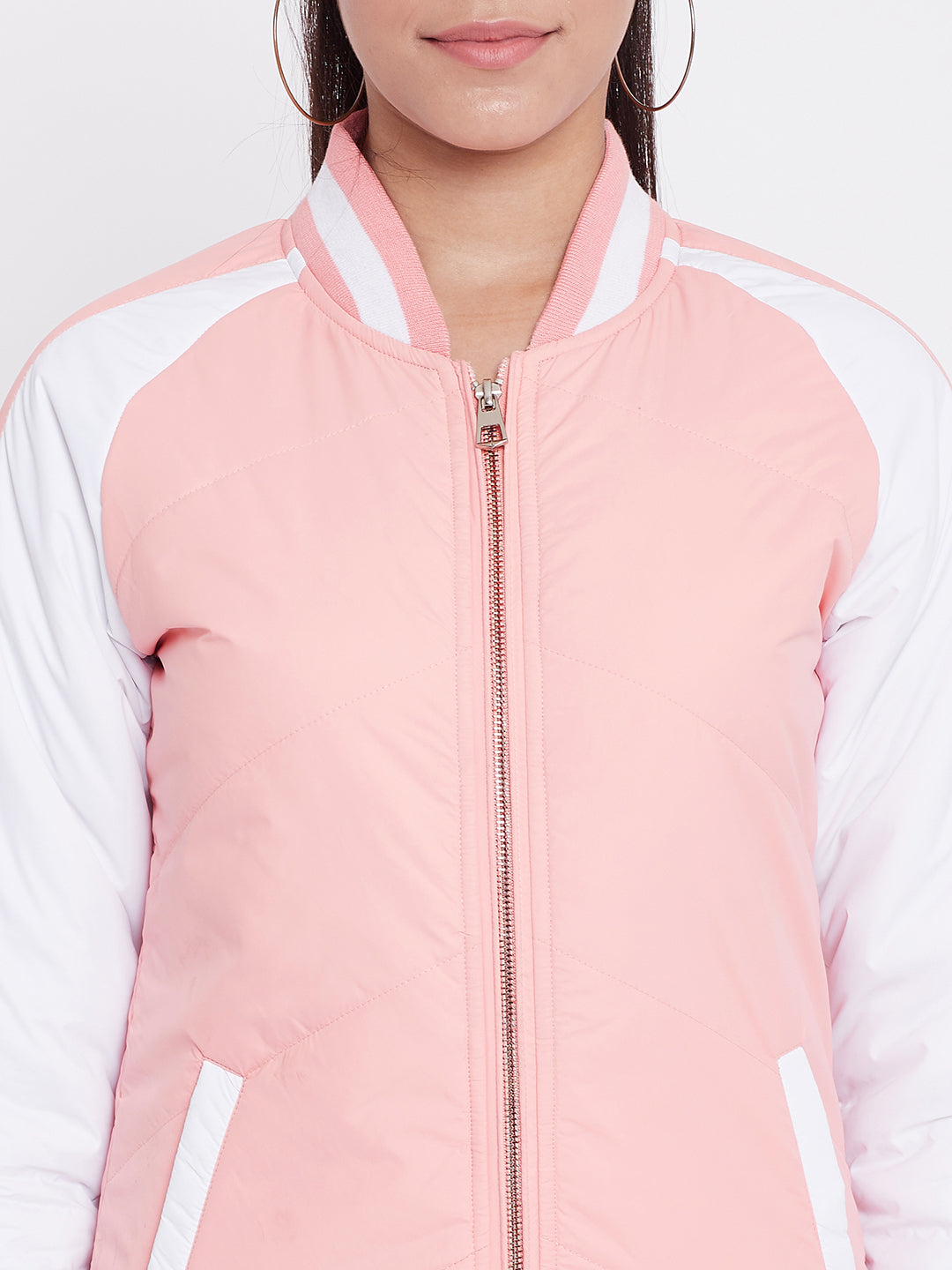 Austin Wood Women's Peach Colorblocked Bomber Neck Zipper Jacket