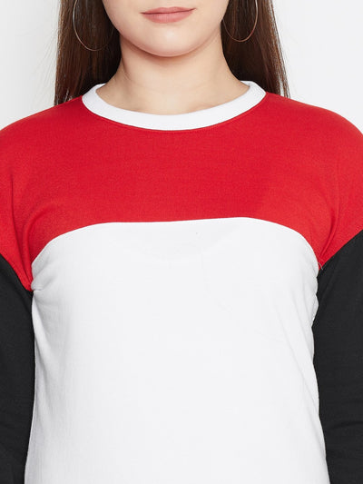 Women's White Colorblocked Long Sleeves Round Neck Sweatshirt