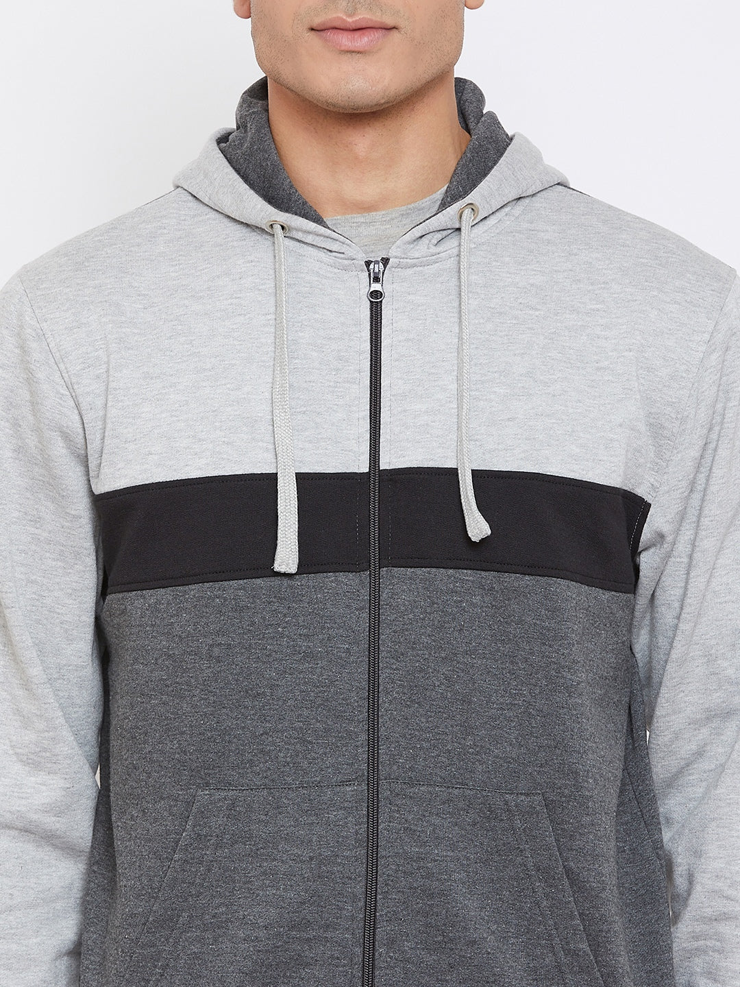 Austin Wood Men's Charcoal Full Sleeves Colorblocked Hooded Sweatshirt