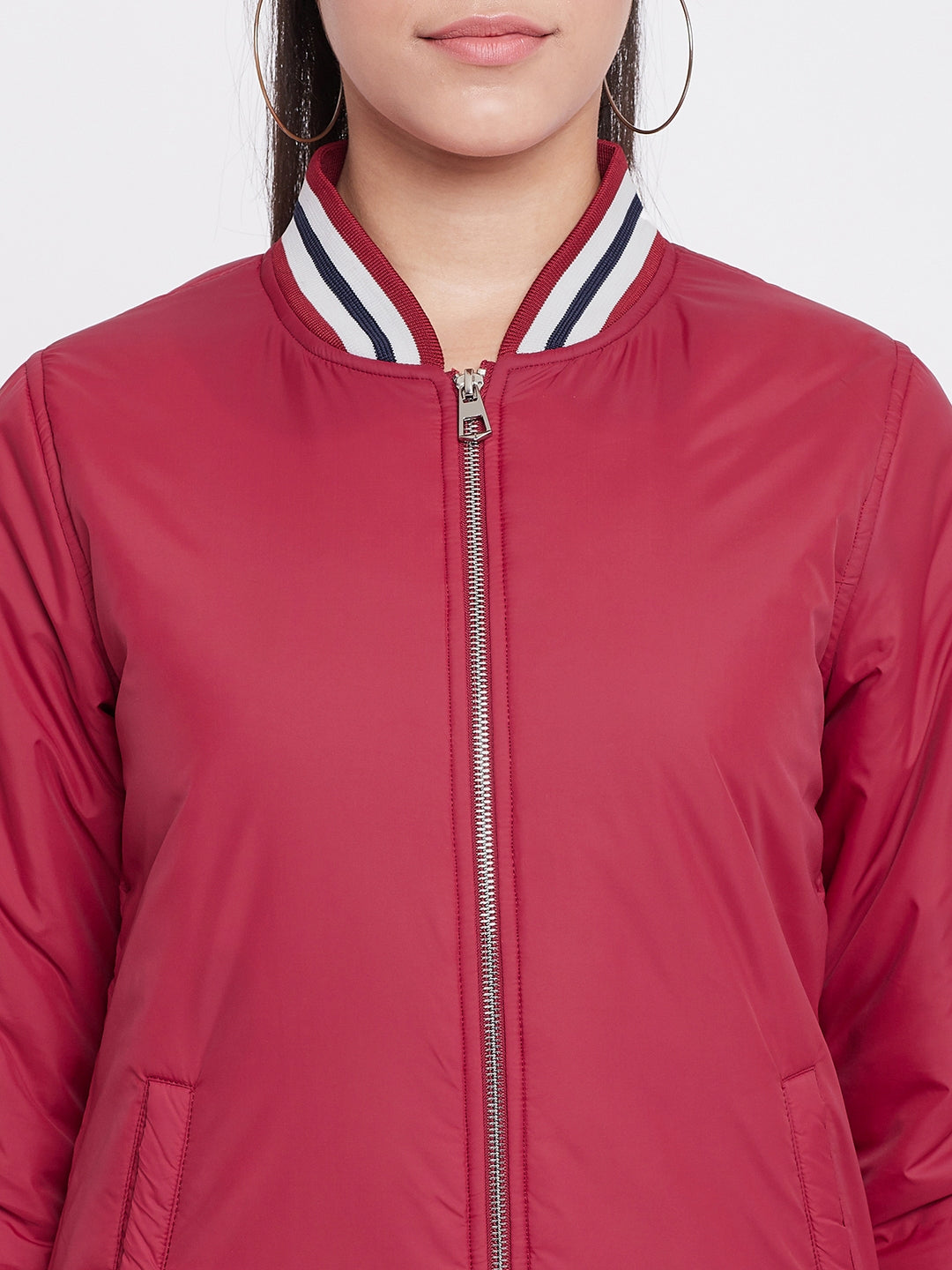 Austin Wood Women's Red Solid Bomber Neck Zipper Jacket