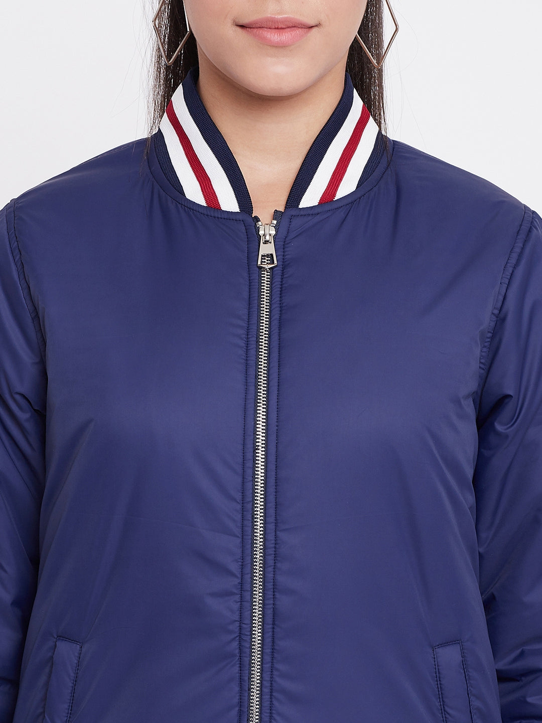 Austin Wood Women's Navy Blue Solid Bomber Neck Zipper Jacket