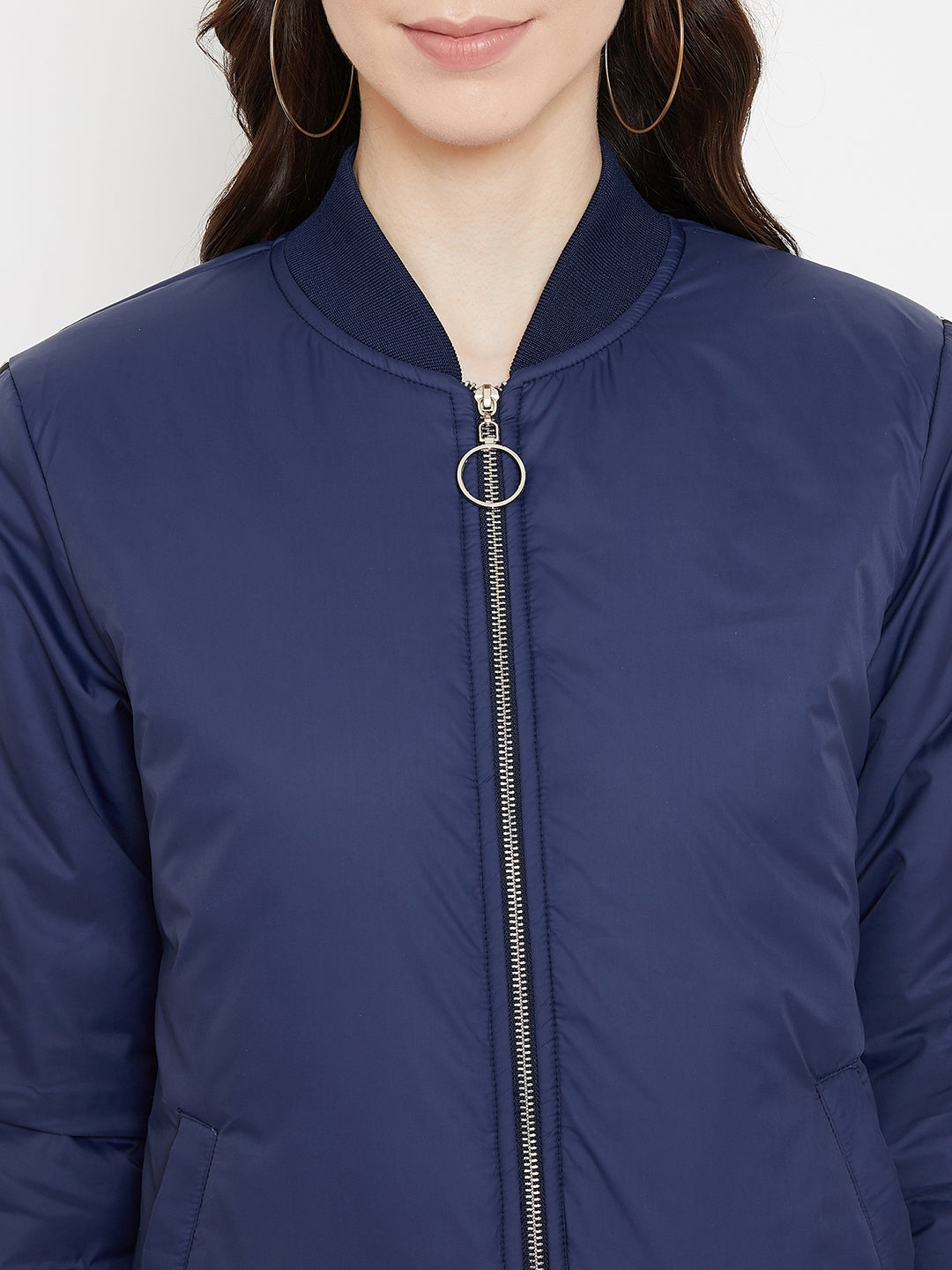 Austin Wood Women's Navy Blue Solid Full Sleeves Bomber Neck Jacket With Size Tape