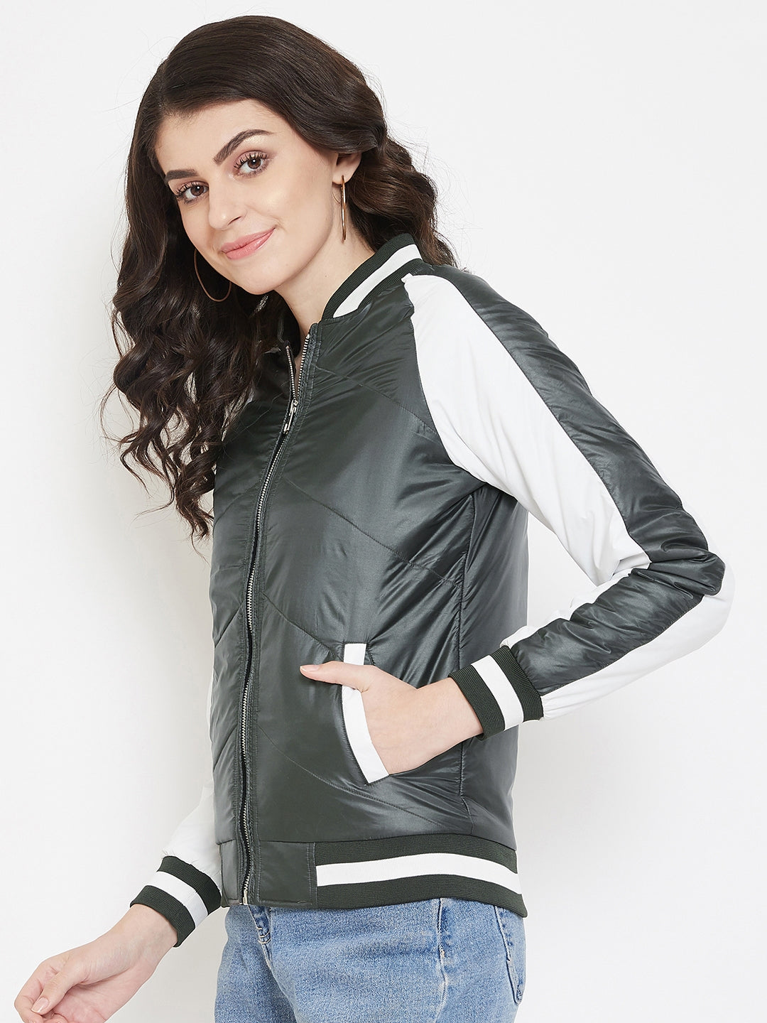 Austin Wood Women's Dark Olive Full Sleeves Colorblocked Bomber Neck jacket