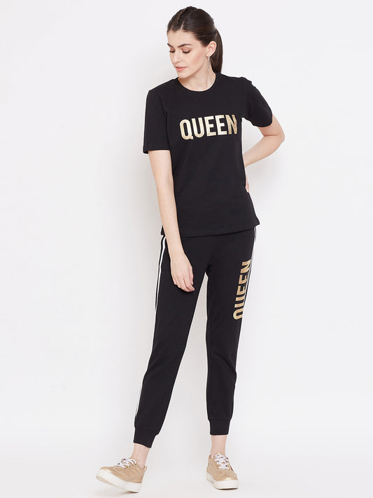 Austin Wood Women's Black Half Sleeves Printed Track Suit