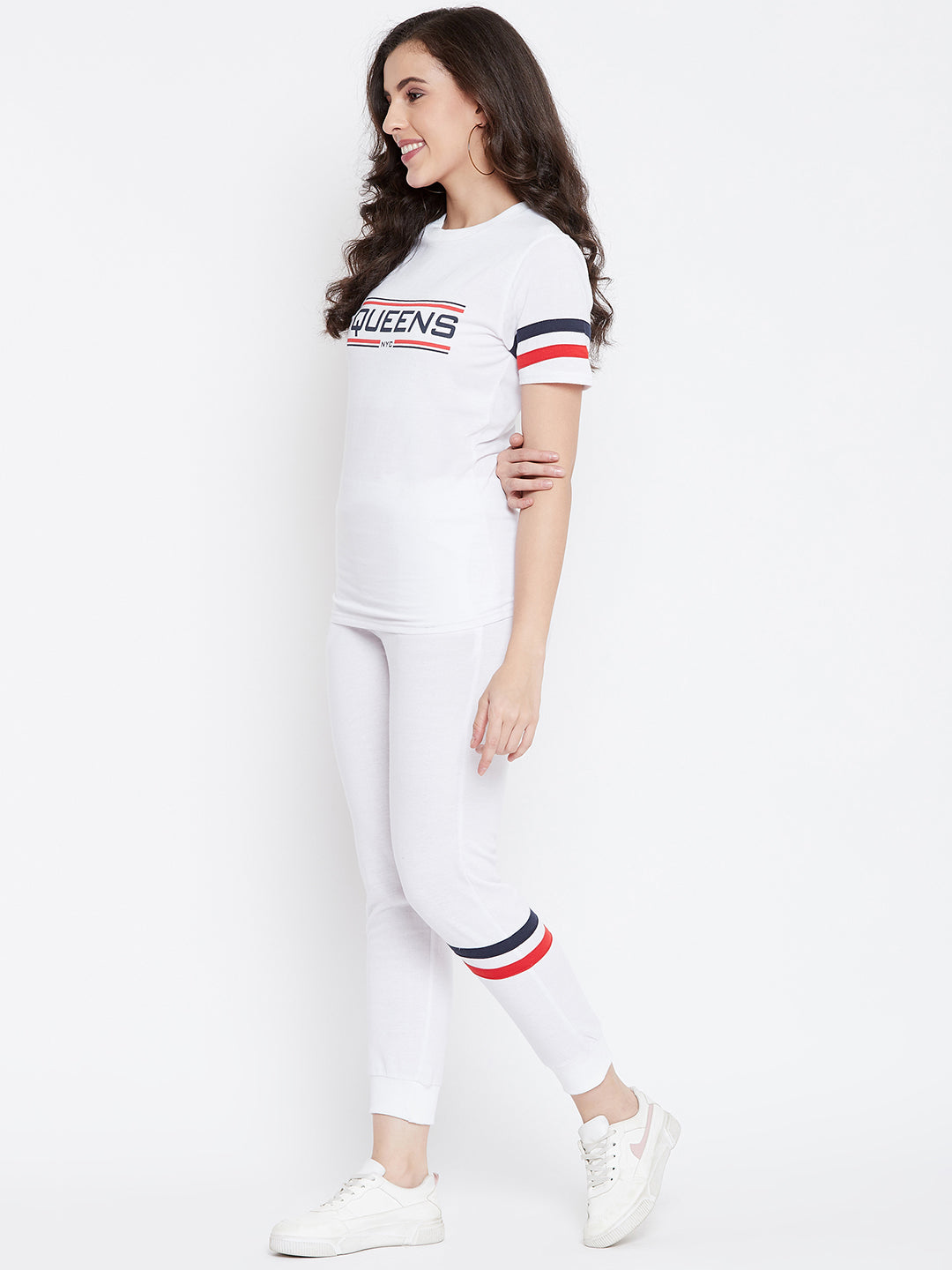 Austin Wood Women's White Solid Half Sleeves Track Suit With Chest Print