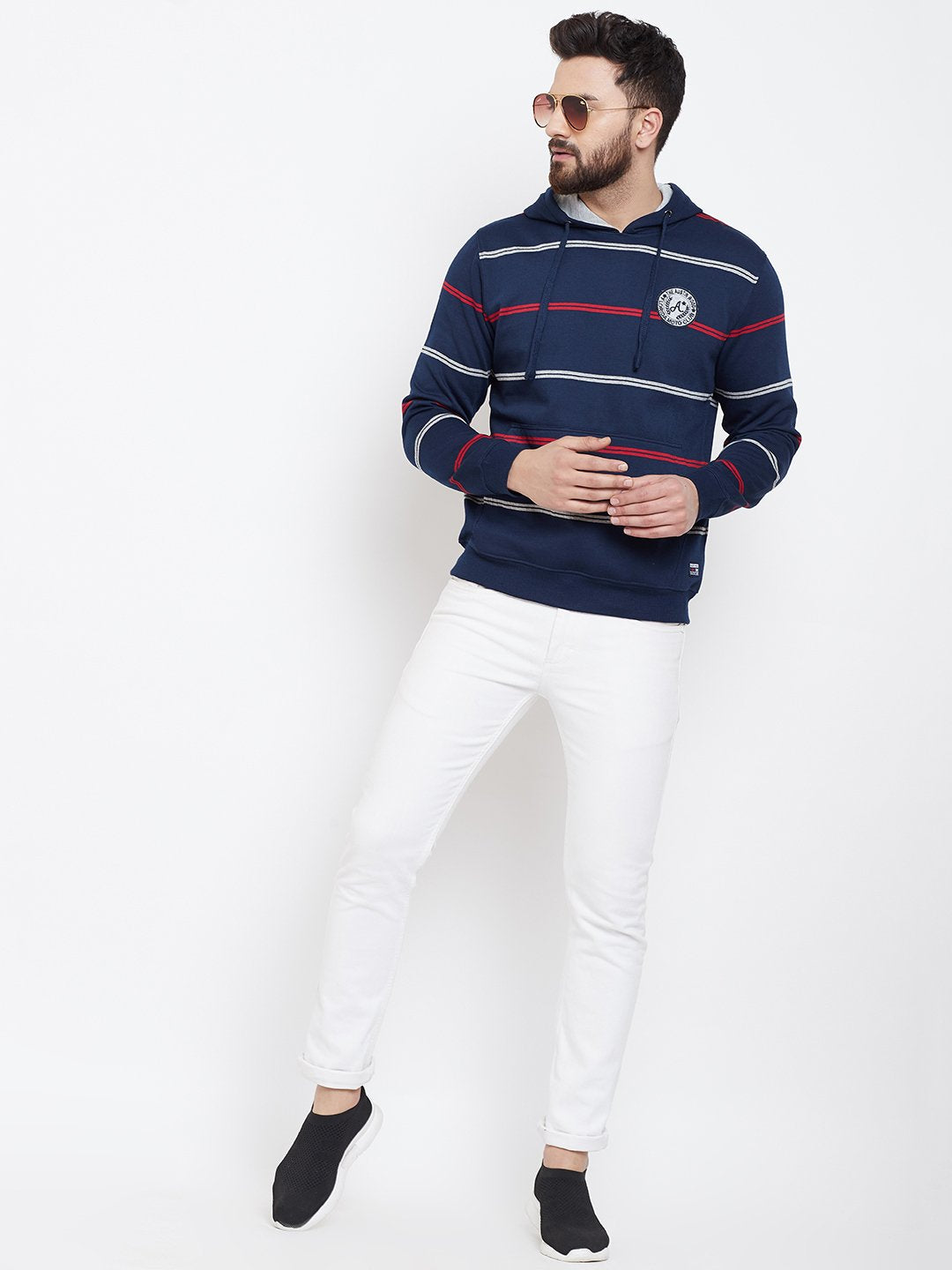Men's Navy Blue Striper Hooded Sweatshirt