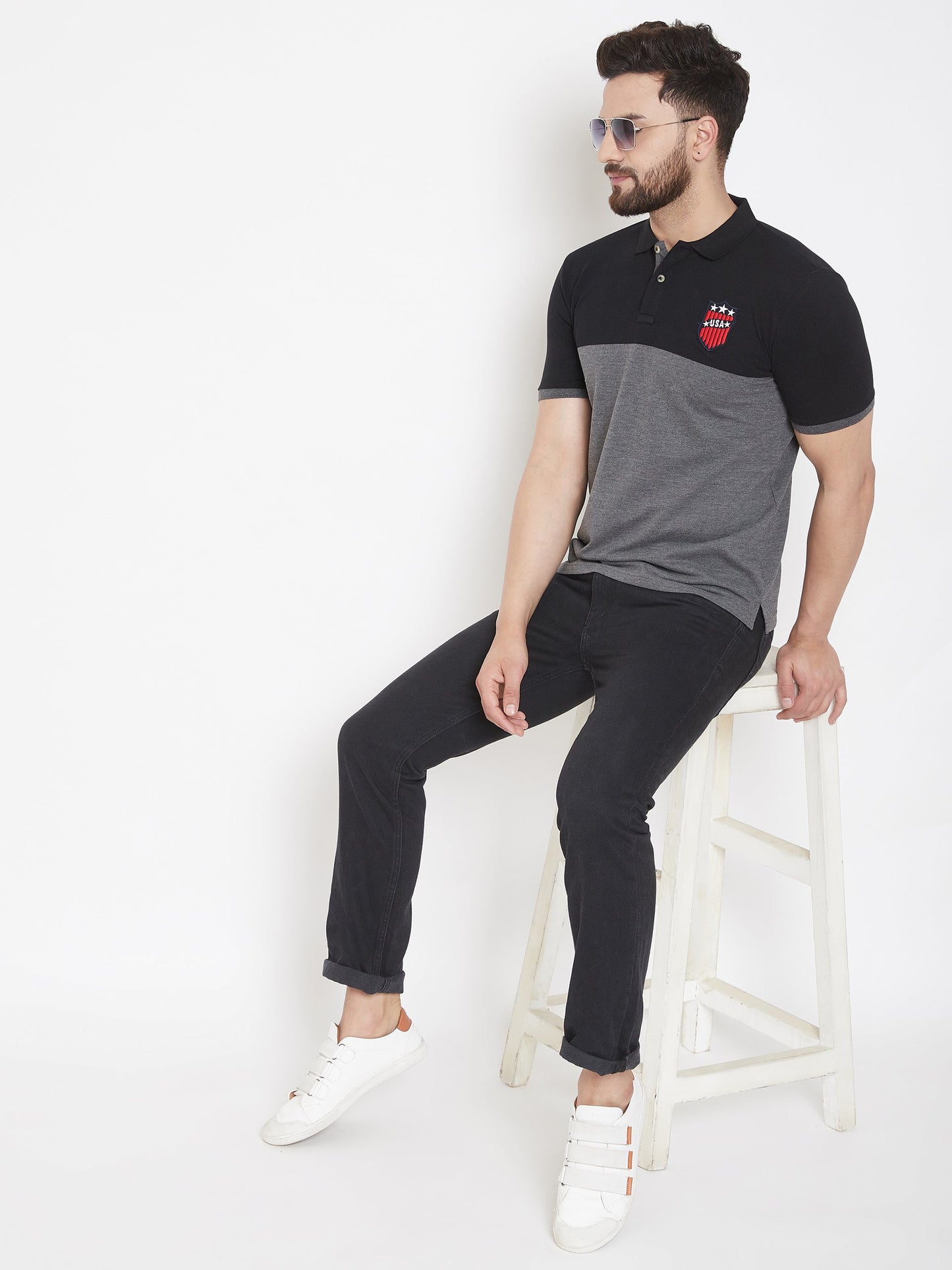 Grey Self Design Polo T-shirt