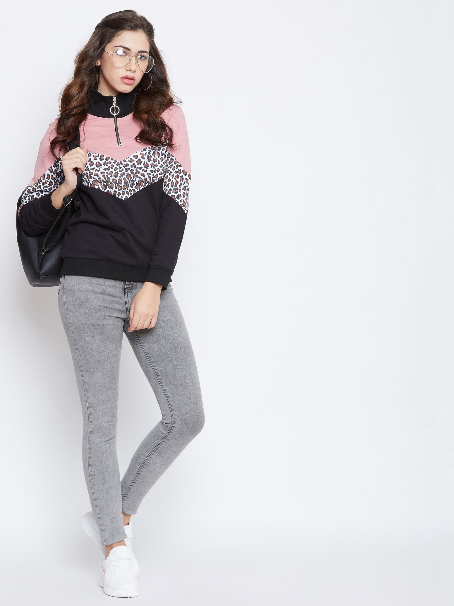 Women's Multi Colorblocked Long Sleeves High Neck Sweatshirt