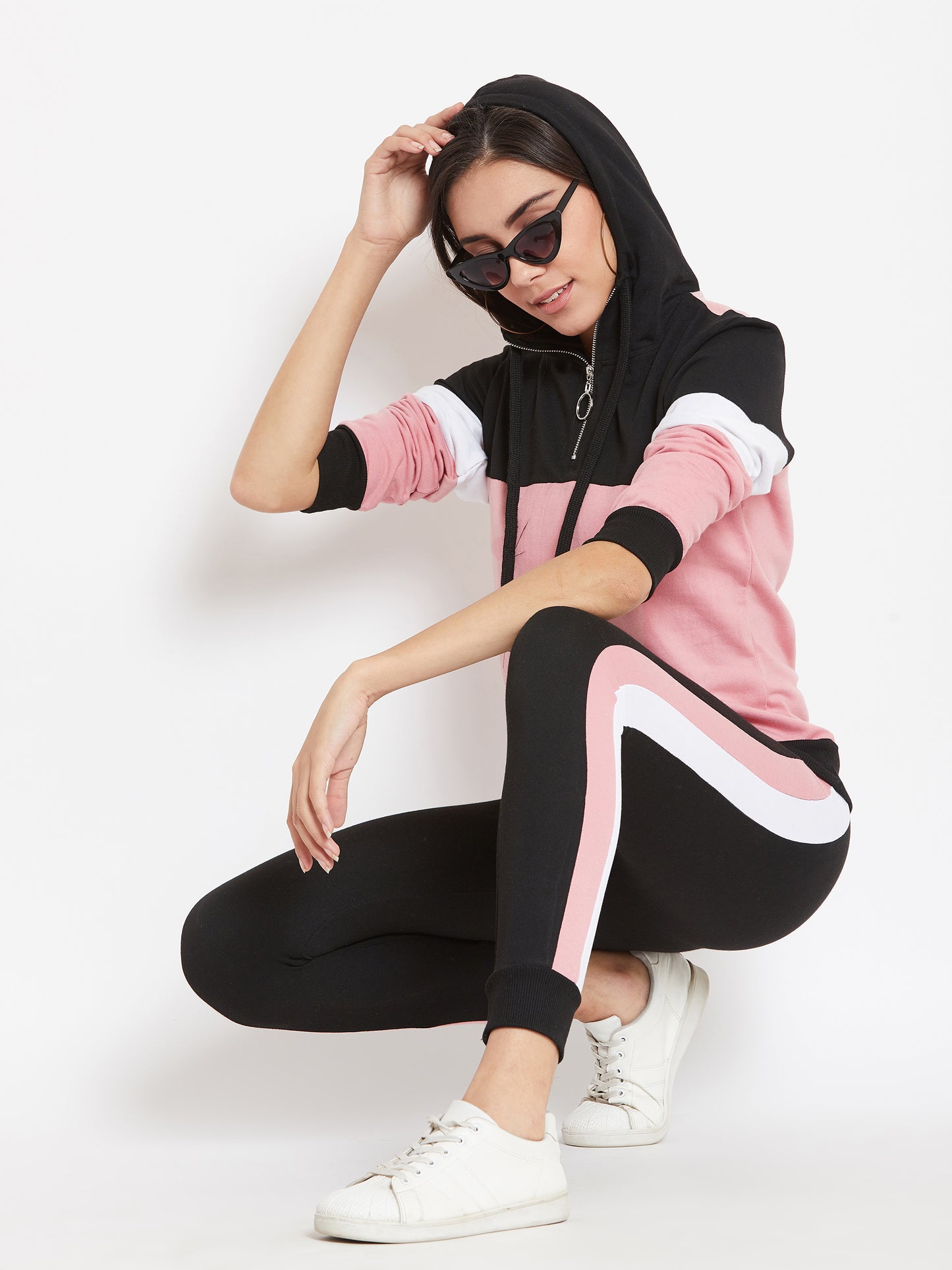 Austin Wood Women'sPink Full Sleeves Colorblocked Hooded Tracksuit