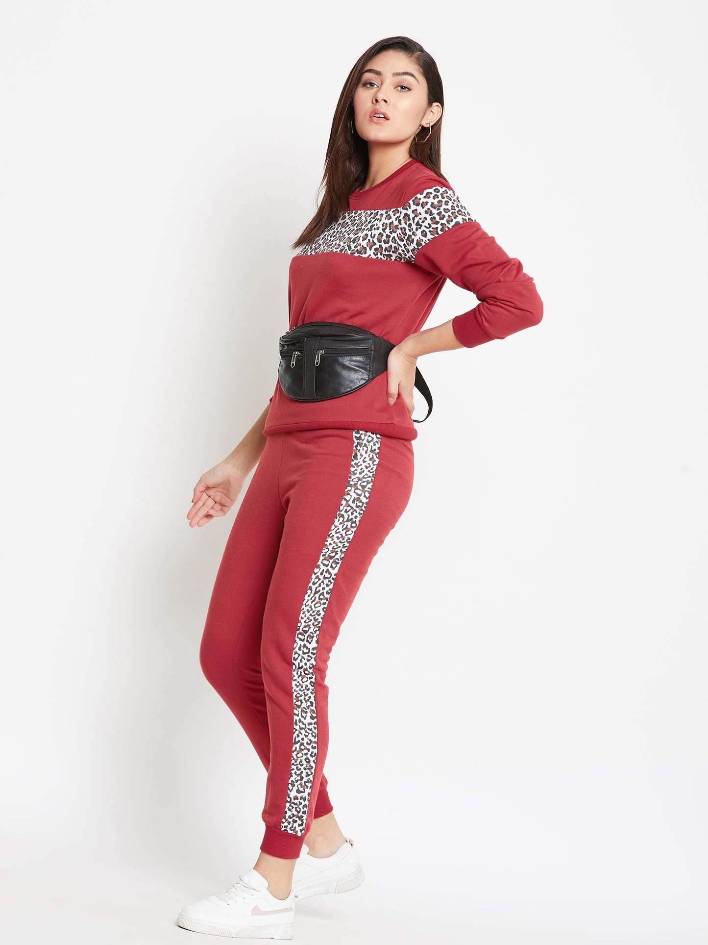 Austin Wood Women'sRed Full Sleeves Colorblocked Round Neck Tracksuit