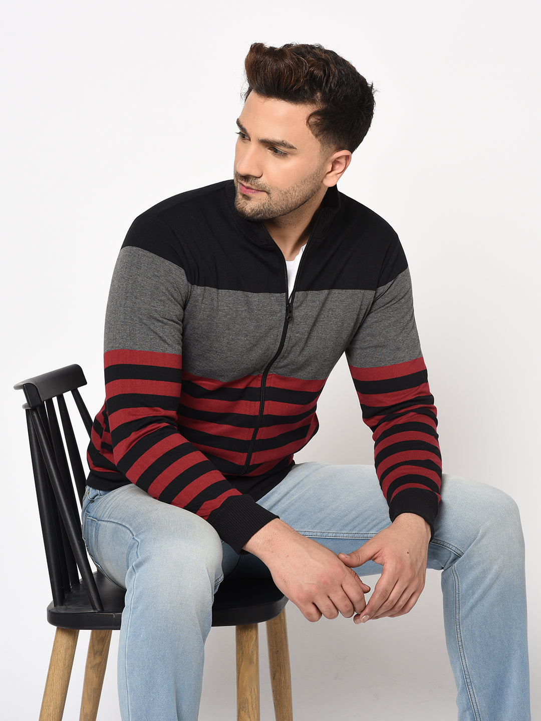 Austin wood Mens Multi Long Sleeves High Neck Striped Sweatshirt