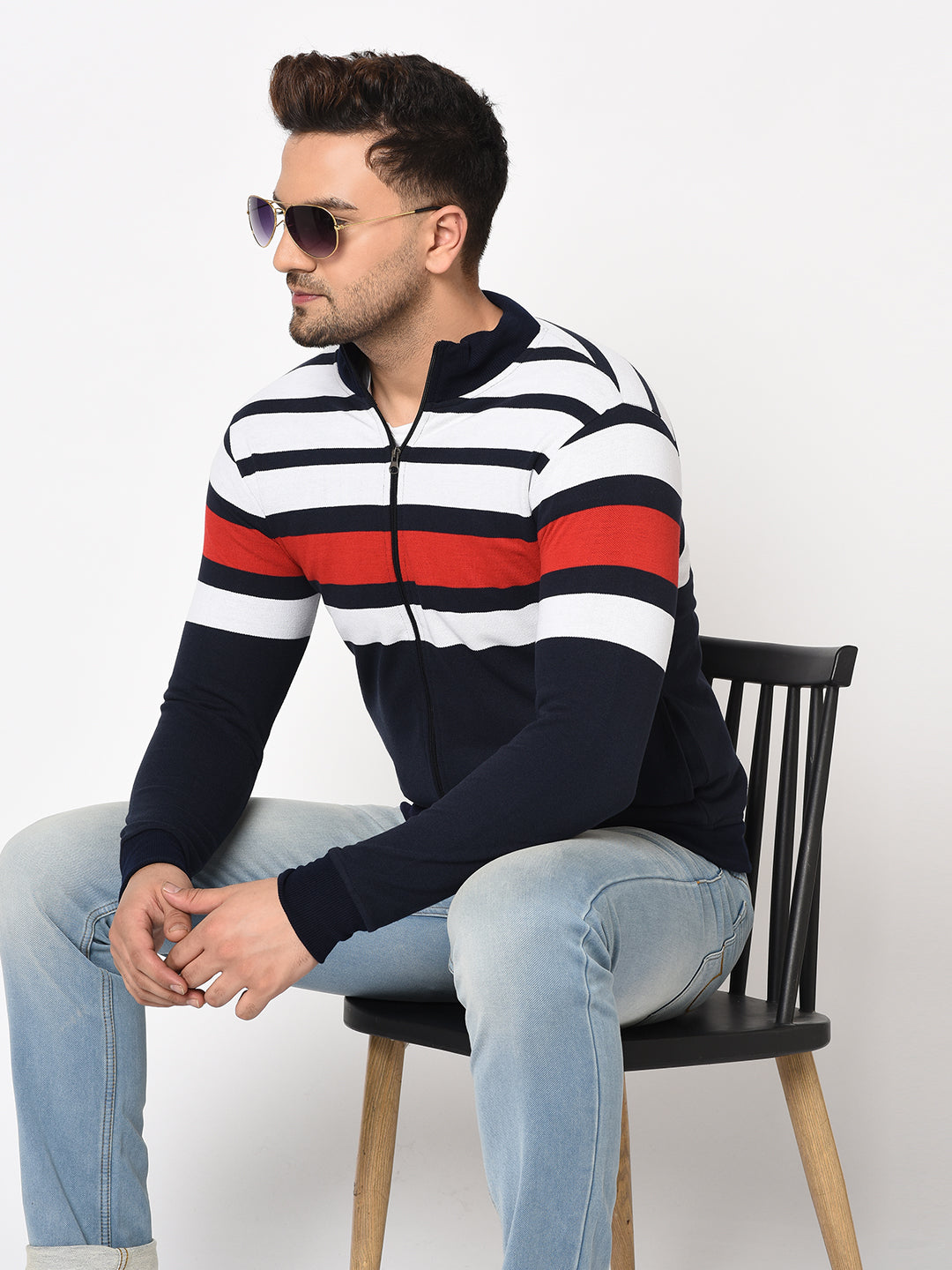 Austin wood Mens Navy Blue Long Sleeves High Neck Striped Sweatshirt