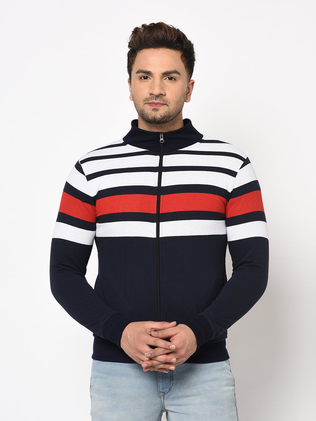 Austin wood Mens Navy Blue Long Sleeves High Neck Striped Sweatshirt